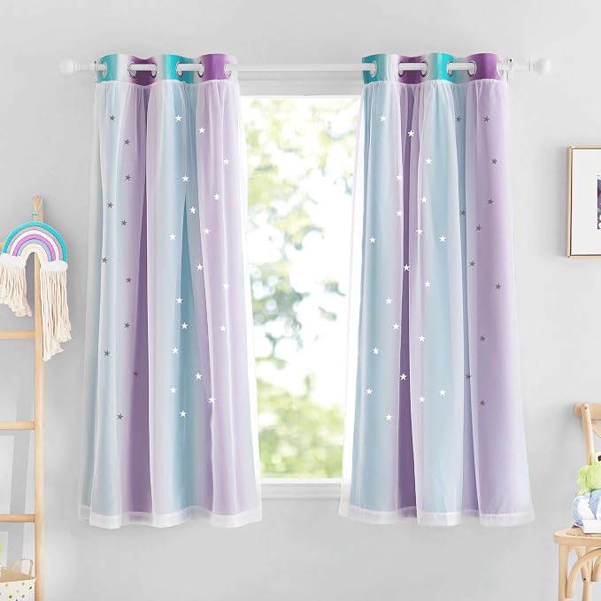 NICETOWN Kids Room Curtains with Hollow-Out Star and Tulle Overlay, Teal Purple Ombre Blackout Curtains for Boys Girls Bedroom Living Room Drcor, 34" Wide x 63" Long, 2 Panels