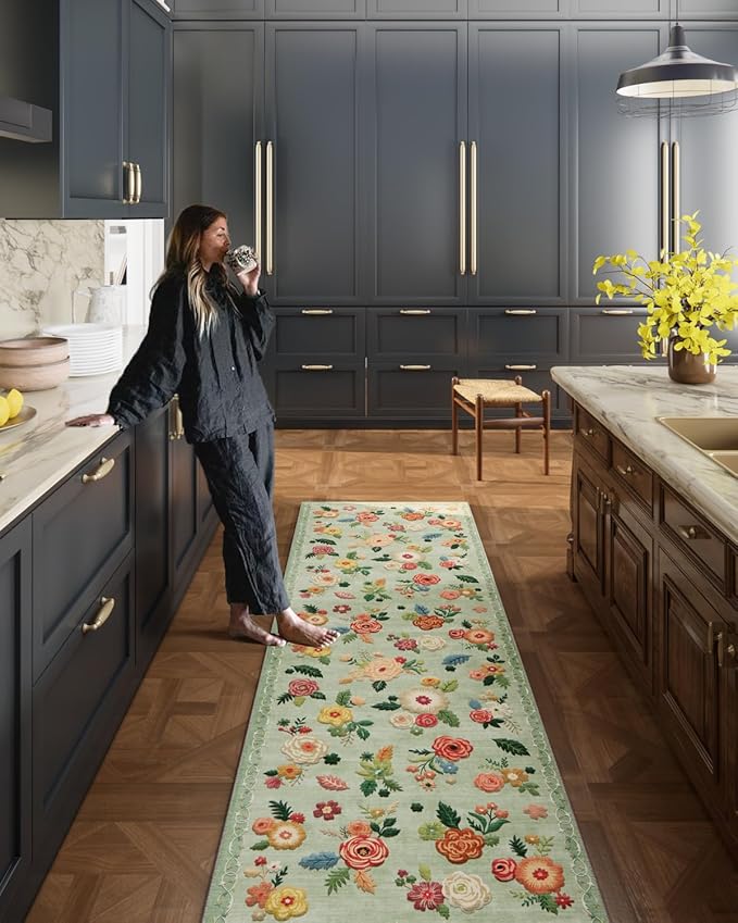 Machine Washable Rug Runners for Hallway: 2'6"x8' Kitchen Runner Rug with Rubber Backing Non Slip Low Pile Soft Faux Wool Non Shedding Lightweight Floral Floor Carpet Rugs for Entryway Bedroom Laundry