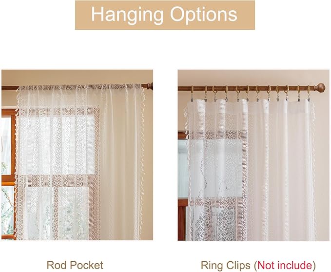 Sutuo Home Boho Lace Curtains 84 Inches Long for Bedroom&Living Room, Bohemian Crochet Privacy Farmhouse Vintage Chic Tassels Ivory Retro Window Sheer Curtains Decor Rod Pocket, 2 Panels 50" W,White