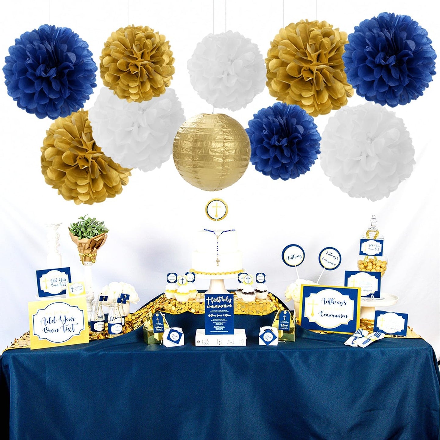 Navy-Blue Gold Party-Decorations Paper-Flowers Lanterns - 15PCS Royal White Baby Bridal Shower Tissue Pom Poms Streamers, Bachelorette Birthday Wedding Graduation Hanging Supplies Decor Hugfond
