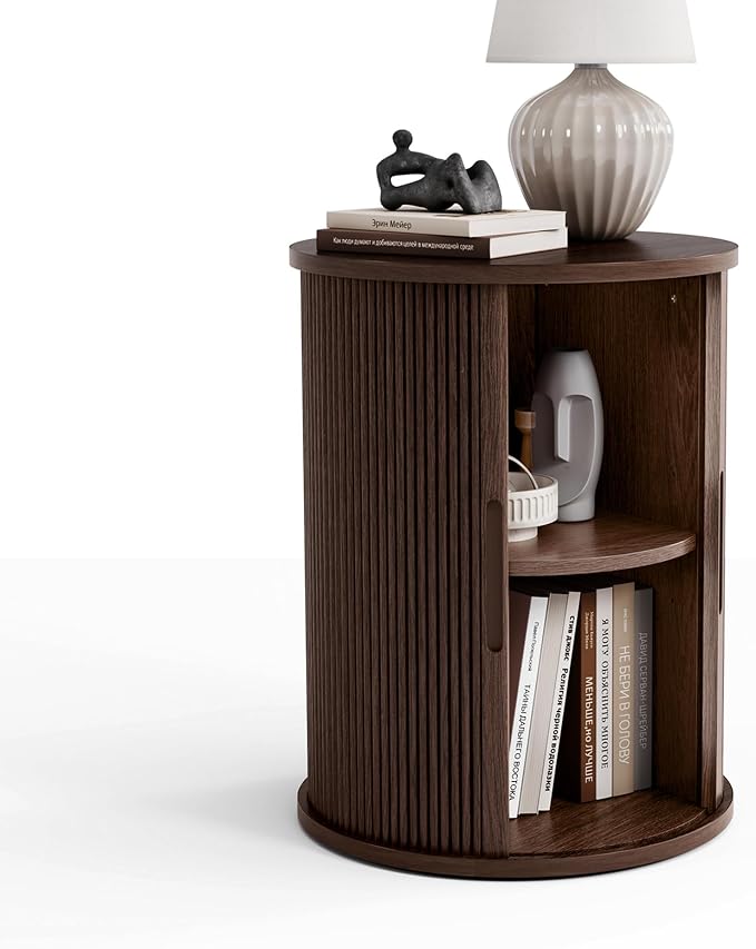 LINSY HOME Round Fluted End Table, Tall Side Table with Sliding Tambour Door and Storage Shelf, Modern Bedside Table, Mid-Century Nightstand for Living Room, Bedroom, Dark Walnut