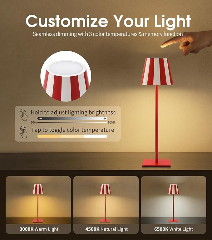 UME 3 Pack Cordless Table Lamp, Battery Operated Lamp - Portable Waterproof Rechargeable Table Lamp w/ 3 Color Temps & Stepless Dimming for Dinner, Desk, Cafe, Outdoor (Red)