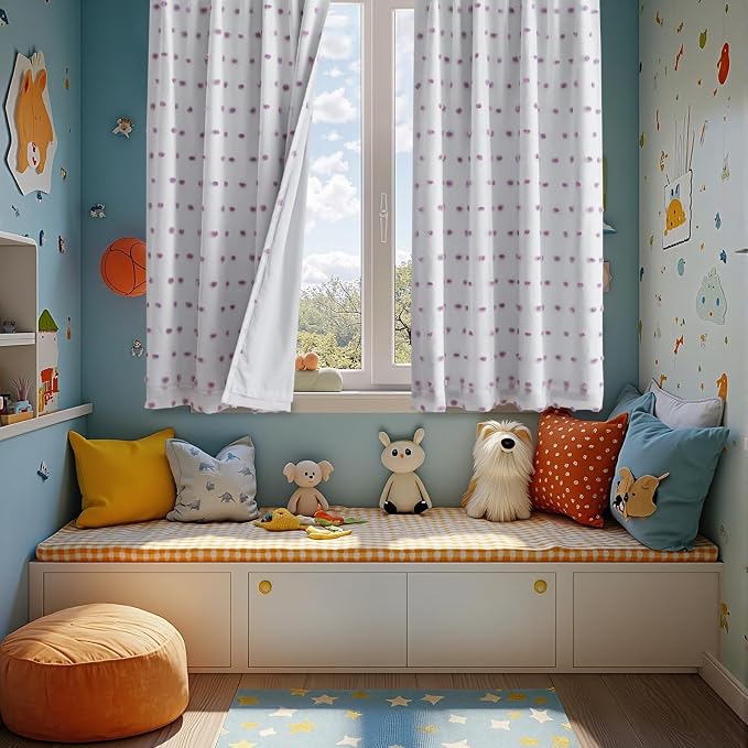 MYSKY HOME 100% Blackout Curtains for Girls Bedroom 54 Inch Long Purple Pom Pom Full Blackout Curtains for Kids Room 2 Panels Room Darkening Small Window Treatment Back Tab 2 Layered Drapes 52 Wide
