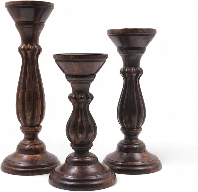Hosley Set of 3 Dark Brown Wood Pillar Candle Holders 13 Inches 11 Inches and 9 Inches High Ideal for LED and Pillar Candles Gifts for Weddings Party Home Spa Reiki Aromatherapy