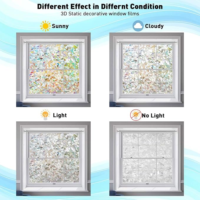 Lemon Cloud Window Privacy Film, Stained Glass Window Stickers, Decorative Rainbow Static Cling for Sun Blocking, Window Covering Prism Film, No Glue Anti-UV Tint, Half Moon Pattern, 35.4" x 78.7"