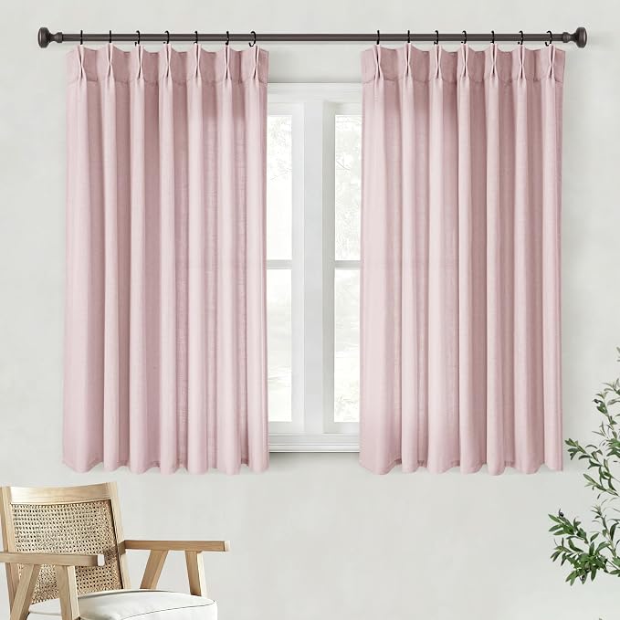 Pink Pinch Pleated Linen Curtains 45 Inch Length 2 Panels for Living Room Bedroom Textured Pink Semi Sheer Drapes Pinch Pleat Rings Window Curtain 40x45