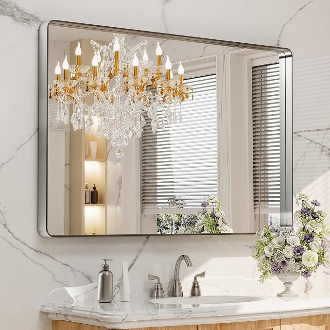 LOAAO 48X32 Inch Brushed Nickel Bathroom Mirror, Rounded Rectangle Silver Metal Frame Mirror, Brushed Nickel, Anti-Rust, Shatter Proof, Hangs Horizontally or Vertically