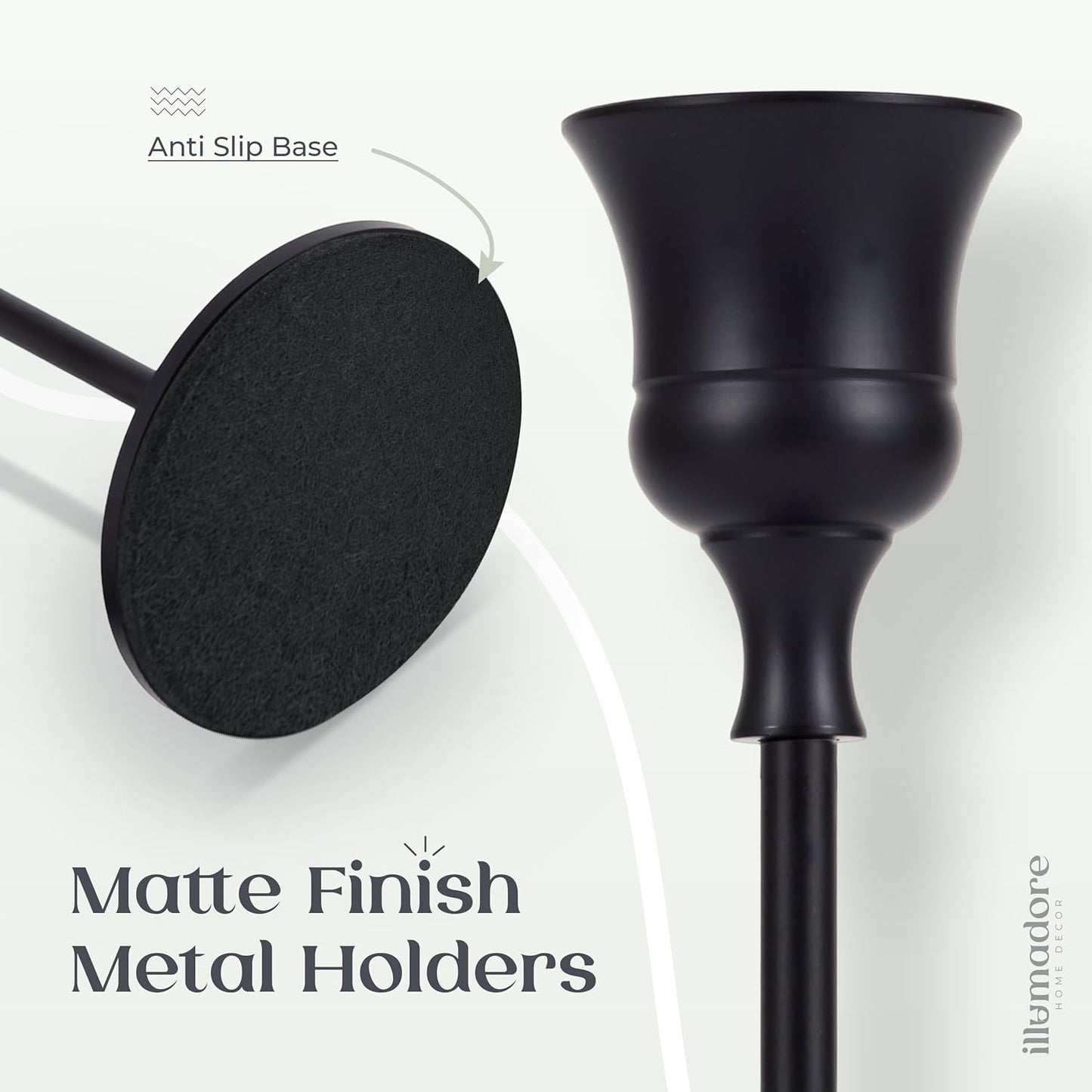 Black Candlestick Holders | Set of 6 | Metal with Matte Finish | 3 Different Sizes | Taper Candles Included | Decorative Centerpiece for Wedding, Christmas, Fireplace Mantel, Dining Table