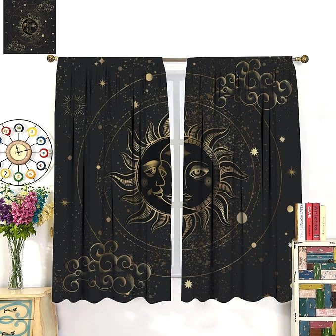 Sun Moon Blackout Curtains, Abstract Golden Stars Mystic Celestial Universe Starry Sky Boho Art Vintage Retro Window Drapes, for Bedroom Living Room 72" W X 63" L
