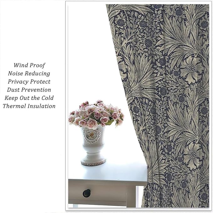 Boho Style William Morris Flower Retro Curtain, Rustic Farmhouse Abstract Flower Blackout Window Drapes, for Living Room Bedroom Kitchen 21(W)*45(L) 2 Panels