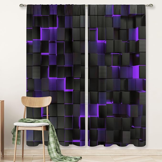 MESHELLY Abstract Black Purple Curtains 52Wx84H Inch Rod Pocket Modern 3D Gradient Design Futuristic Geometric Cubes Bedroom Window Drapes Man Boys Minimalist Printed Living Room Window Treatment