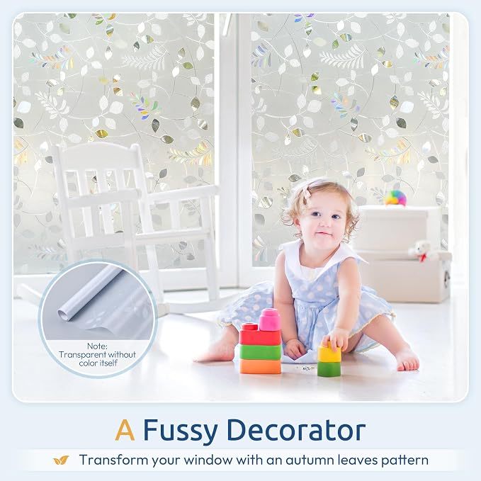 rabbitgoo Window Privacy Film, Frosted Glass Window Film, 29.5" x 78.7" | 3D Autumn Leaf, Stained Glass Removable Decorative Privacy Sticker, Non Adhesive UV Blocking Front Door Covering for Home