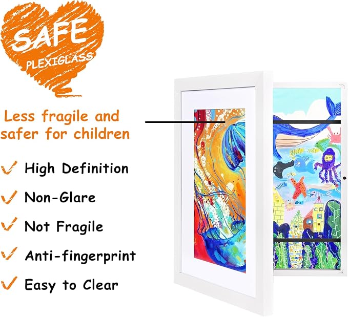 KINLINK 10x12.5 Kids Art Frame 2 Pack, Solid Wood Artwork Frames Changeable, Front Opening Hold 150 Pictures, Art Frames for Kids Artwork, 8.5x11 with Mat 10x12.5 without Mat, Picture Frames White