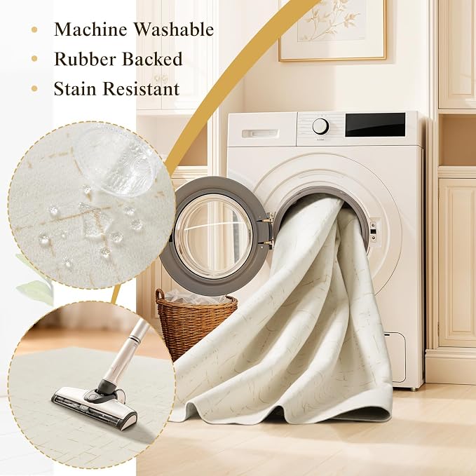 LIANLAM Washable Rug Area Rugs for Living Room - Stain Resistant Non-Slip Backing Boho Rug for Bedroom,Durable & Ultra-Thin Vintage Large Area Rug(2' x 6',White)