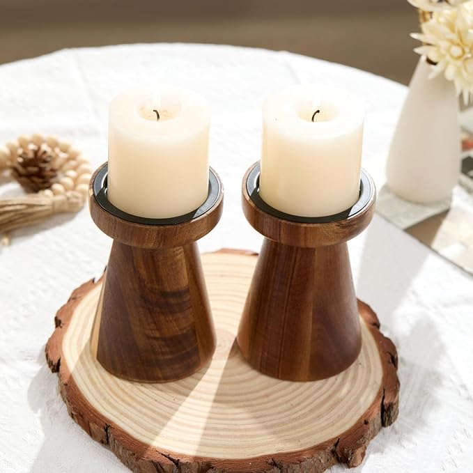 Acacia Wood Candle Holders for Pillar Candles, Set of 2 Vintage Rustic Tall Modern Farmhouse Decor, Decorative Wooden Candlestick Stand for Fireplace Mantel, Table Centerpiece
