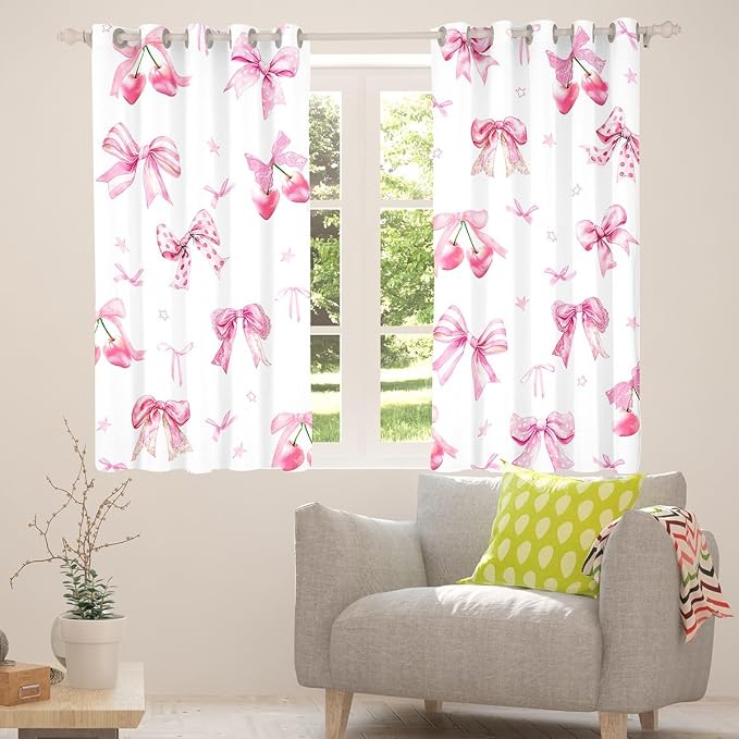 Erosebridal Pink Bow Kids Curtain Cherry Bow Girls 42" Wx84 L Window Curtain Cute Kawaii Bowknot Window Treatments Watercolor Star Ribbon Bow Tie 30%-50% Blackout Curtains for Bedroom