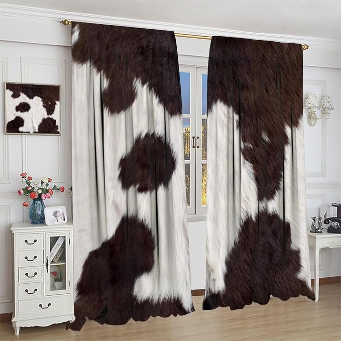 Cowhide Blackout Curtains, Animal Fur Skin Curtains Brown Cowhide Western Farm Rod Pocket Curtain Window Treatments 2 Panels Drapes for Kitchen Living Room Bedroom Cafe Decor 84" W X 84" L