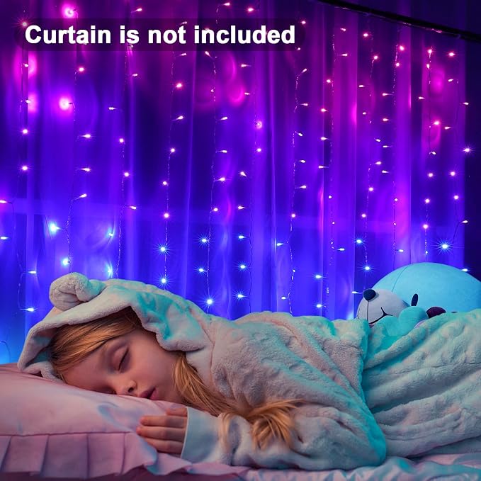 Pink Purple & Blue Ombre LED Curtain Lights with Remote, Rainbow Waterfall String Lights Ombre Hanging Fairy Mermaid Light for Teen Room, Girls Room, Mernaid, Bedroom, Birthday, Cute Holiday Décor
