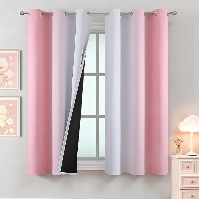 Estelar Textiler Pink and Greyish White Ombre Blackout Curtains 63 Inches Long for Kids/Girls Bedroom, Room Darkening Thermal Insulated Grommet Window Drapes for Living Room/Nursery, 42Wx63L, 2 Panels