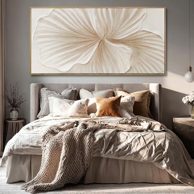 Large Framed White Floral Wall Art Textured Abstract Flower Canvas Painting Modern Minimalist Artwork for Living Room Bedroom Office 29x58 Inch