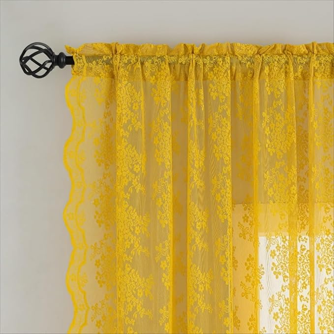 YJ YANJUN Vintage Lace Curtains 72 Inches Long-Victorian Floral Pattern Mustard Yellow Sheer Curtain Panels for Living Room Bedroom,Light Filtering, Summer Drapes 2 Panels 52W x 72L