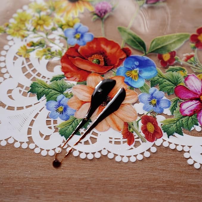 Clear Table Protector Cover Vinyl Rectangle PVC Tablecloth Waterproof Oil Proof Wipeable Plastic Tablecloths for Spring Summer Home Kitchen Dining Table (Lace Floral, 60 x 104 Inches)