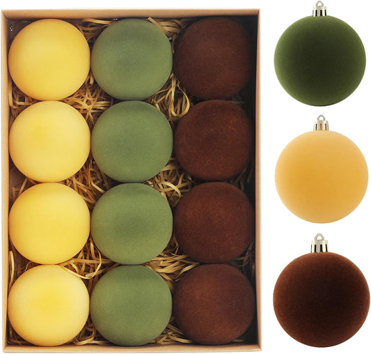 Christmas Ornaments Set of 12, 3.15" Flocked Velvet Balls with Hand Painted Designs, Elegant Christmas Tree Decorations in Gift Box