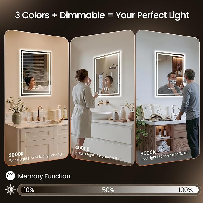 24X32 LED Bathroom Mirror with Lights, Anti-Fog, Backlit + Front Lit (CRI>90), Lighted Bathroom Vanity Mirror for Wall, Memory Function, Dimmable, Tempered Glass, Shatter-Proof