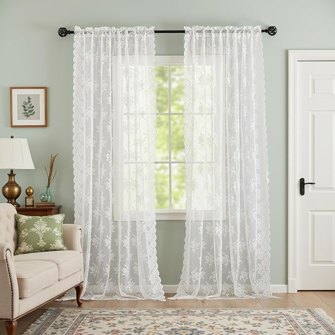 Kotile Extra Long Sheer Lace Curtains, Country Rustic Floral Ivory Lace Curtains 120 Inches Long for Living Room, Rod Pocket Privacy Lace Sheer Curtains, 52 x 120 Inch, 2 Panels, Ivory