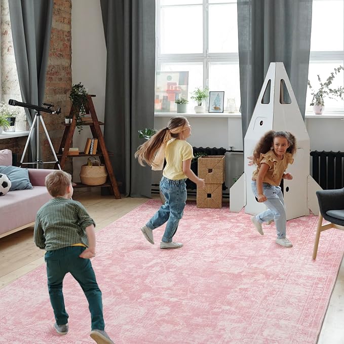 FROZZUR Boho Pink Area Rug 8x10 Large Vintage Rug for Living Room Bedroom Dining Table, Non Slip Distressed Washable Rugs for Home Office Decor Pink