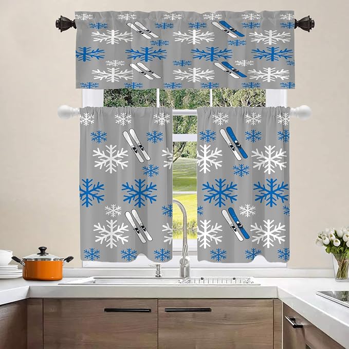 Shrahala Snowflakes Skis Blackout Curtain Tiers, Winter Sports Themed Pattern Kitchen Valance Light Blocking Tier Drapes with Rod Pocket, 2 Pack 26 X 36 in