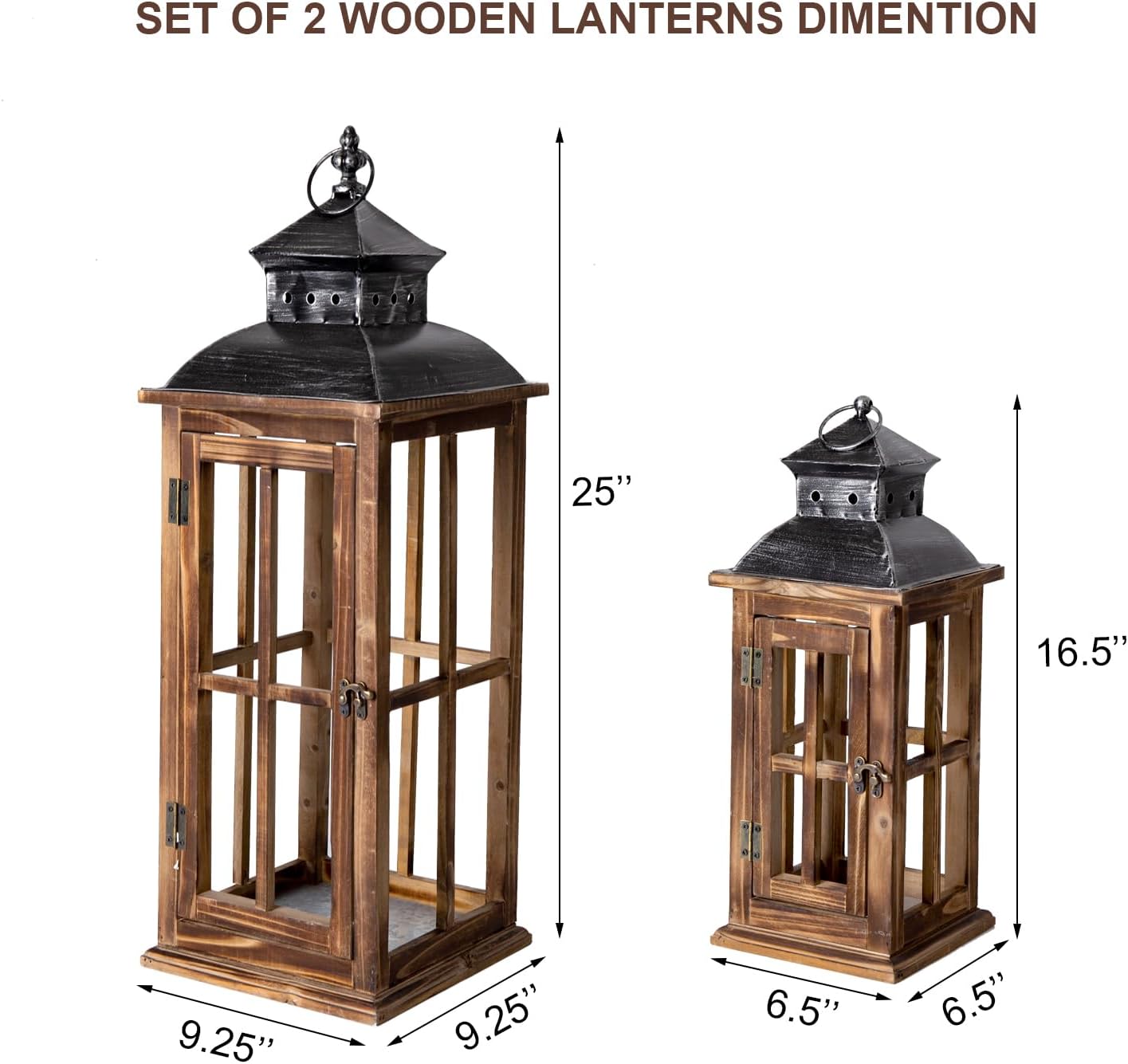 Large Farmhouse Decorative Wooden Lanterns Set of 2, Rustic Burnt Wood Floor Lanterns, Indoor/Outdoor Hurricane Lanterns for Home Decor (No Glass)