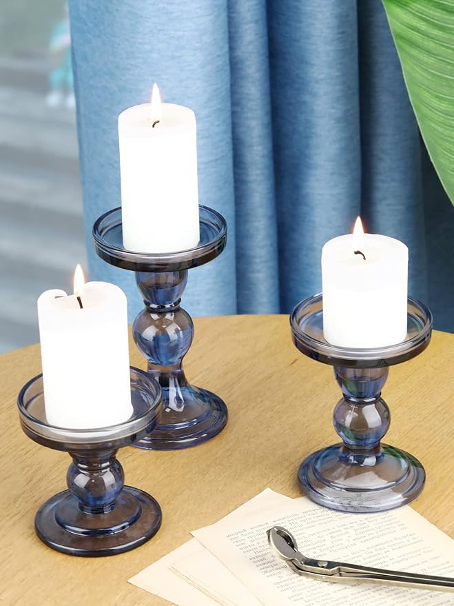 Lewondr Glass Candle Holders, 3 Pieces Crystal Clear Candlesticks with Elegant Design for Pillar Taper Candle and Tea Light, Home Table Living Room Wedding Party Decorations Home Décor - Smoky Blue