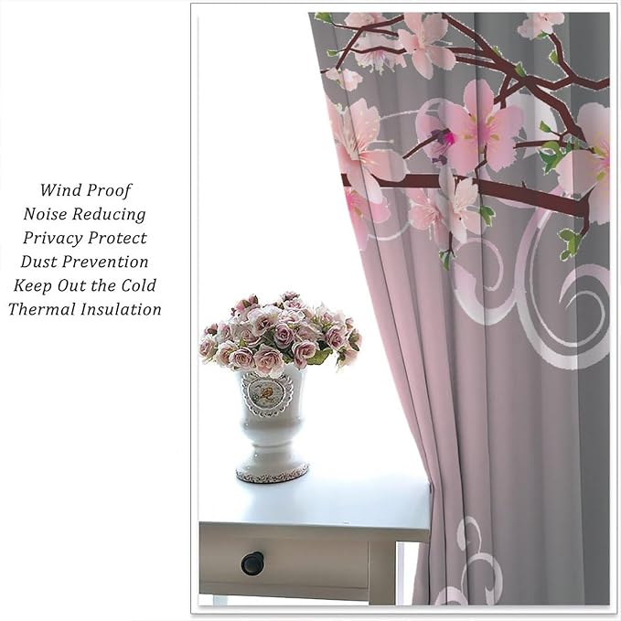 Cherry Blossom Curtains,Pink Flower Japanese Floral Print Window Treatments for Bedroom Living Room Kitchen Polyester Fabric Window Drapes 2 Panels Set,Total Size 84 x 84 Inch
