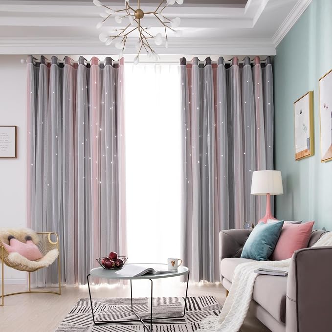 Star Blackout Girls Curtains 84 Length for Bedroom 2 Panels Set, Privacy Boho Curtain for Glass Door Aesthetic Room, Pink Gray Thick Grommet Top Star Cutout Kids Curtain