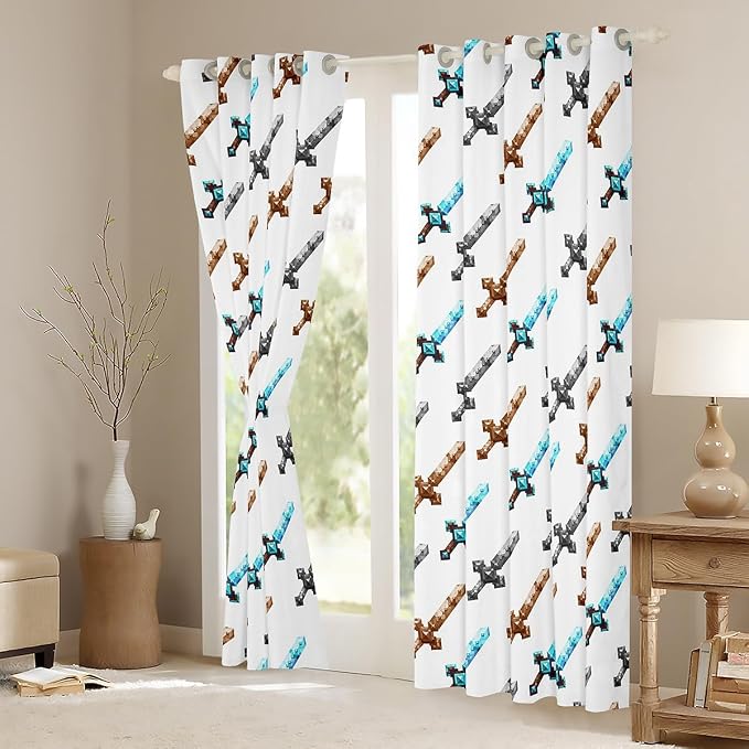 Castle Fairy Cartoon Sword Window Curtain,Pixelated Themed Swords Living Room Decor Curtains,Kids Boys Miner Video Games Window Treatment Black White Checkered Blackout Drapes 2 Panels,42Wx84L