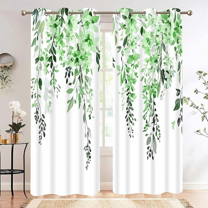 Green Watercolor Floral Curtains, Botanical Leaves Vine Flowers Curtain, Rustic Farmhouse Flower Leaf Blackout Window Treatment Drapes for Bedroom Living Room 42x72 inch, 2 Panels