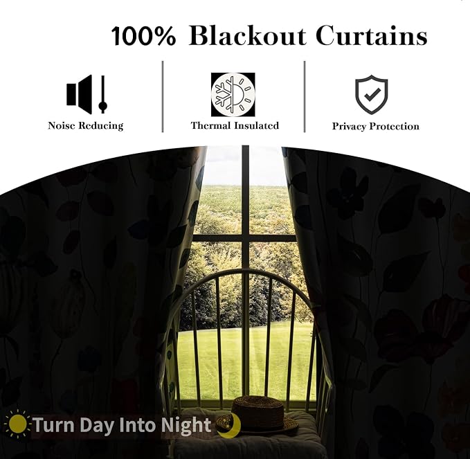 Floral 100% Blackout Curtains 84 inch Long 2 Panels Set Grommet Botanical Flower Print Thermal Insulated Room Darkening Black Out Curtains Coloful Plants Window Drape for Bedroom Living Room 42x84