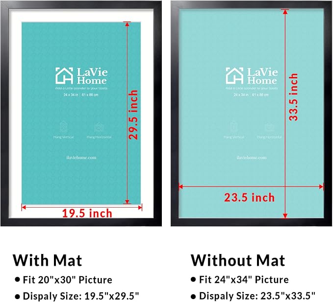 LaVie Home 24 x 34 Picture Frame Black Poster Frame,Display Pictures 20x30 with Mat or 24x34 Without Mat, Stable and Sturdy Frame and Polished Plexiglass, Horizontal and Vertical Format of The Walls