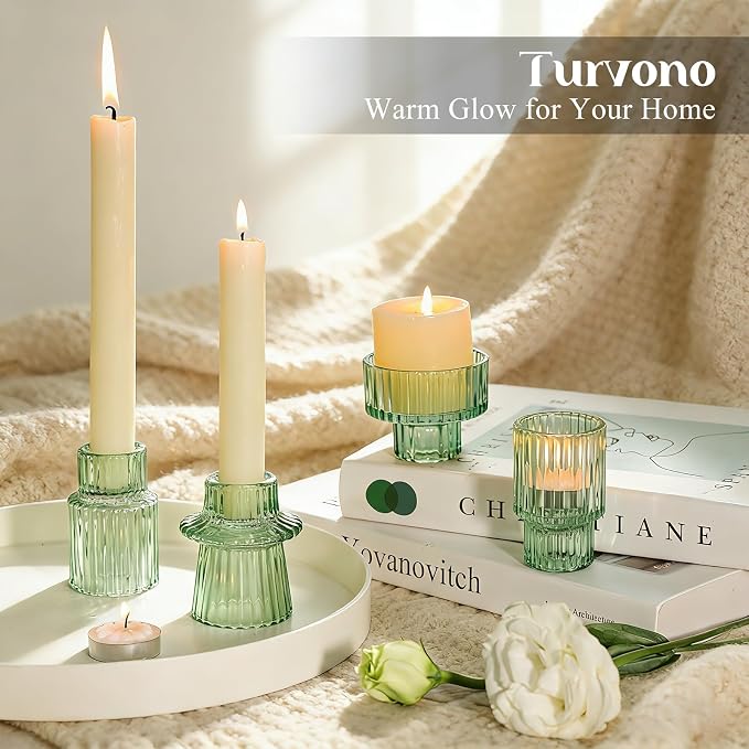 Vintage Ribbed Green Glass Candle Holders Set of 12, 3 Assorted Sizes for Pillar, Tealight & Votive Holders, Elegant Glass Candlestick Holders for Table Centerpiece Wedding Christmas Decor