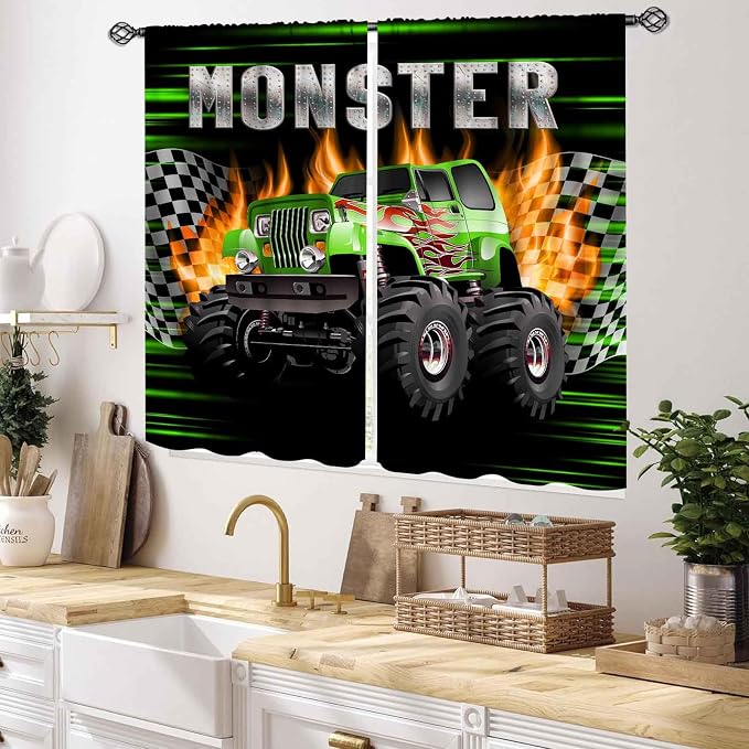 Truck Curtains for Boys Room, Burning Flame Tractor Truck Car Cool Monster Checkered Racing Flag Window Drapery Treatments for Boys Kids Bedroom Living Room Playroom Nursery 2 Panels, 55x39 Inch