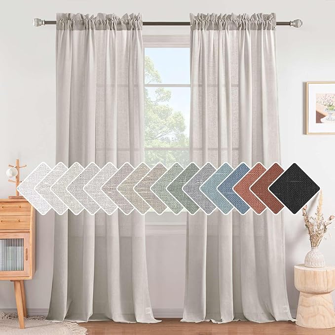 H.VERSAILTEX Linen Curtains Elegant Natural Linen Semi Sheer Curtains Energy Light Filtering Rod Pocket Window Treatments Panels for Living Room (Set of 2, Pale Oak, 52 inch W X 84 inch L)