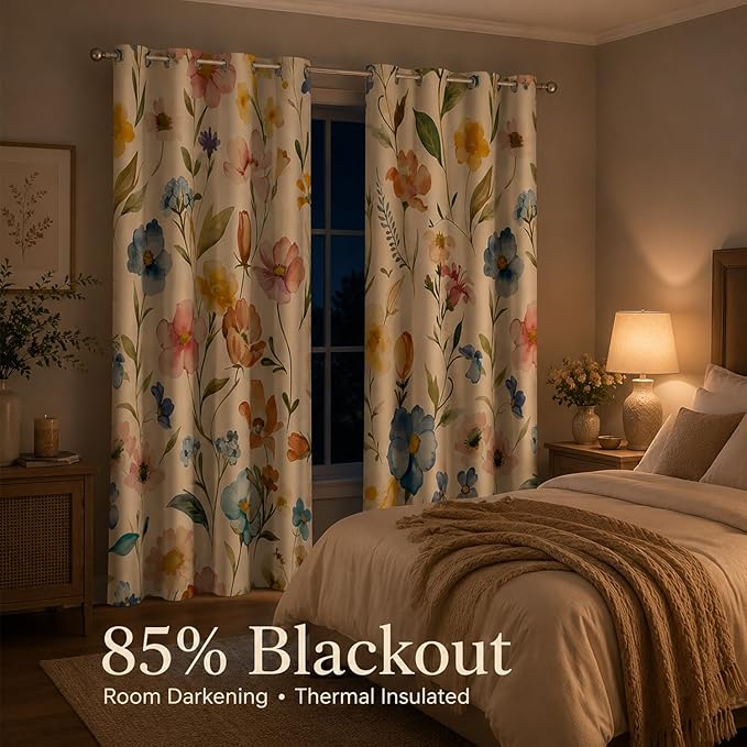 Boho Floral Blackout Curtains, Vintage Colorful Watercolor Wildflower Botanical Plant Leaves Room Darkening Thermal Insulated Grommet Window Drapes for Living Room Bedroom Decor 2 Panels 52x84 Inches