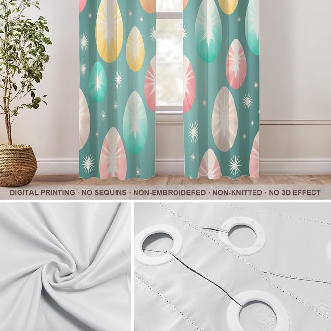 Shrahala Easter Eggs Stars Thermal Insulated Blackout Window Curtains, Colorful Easter Egg Pattern Long Drapes for Bedroom/Living Room with Plastic Grommet, 52X84 Set of 2