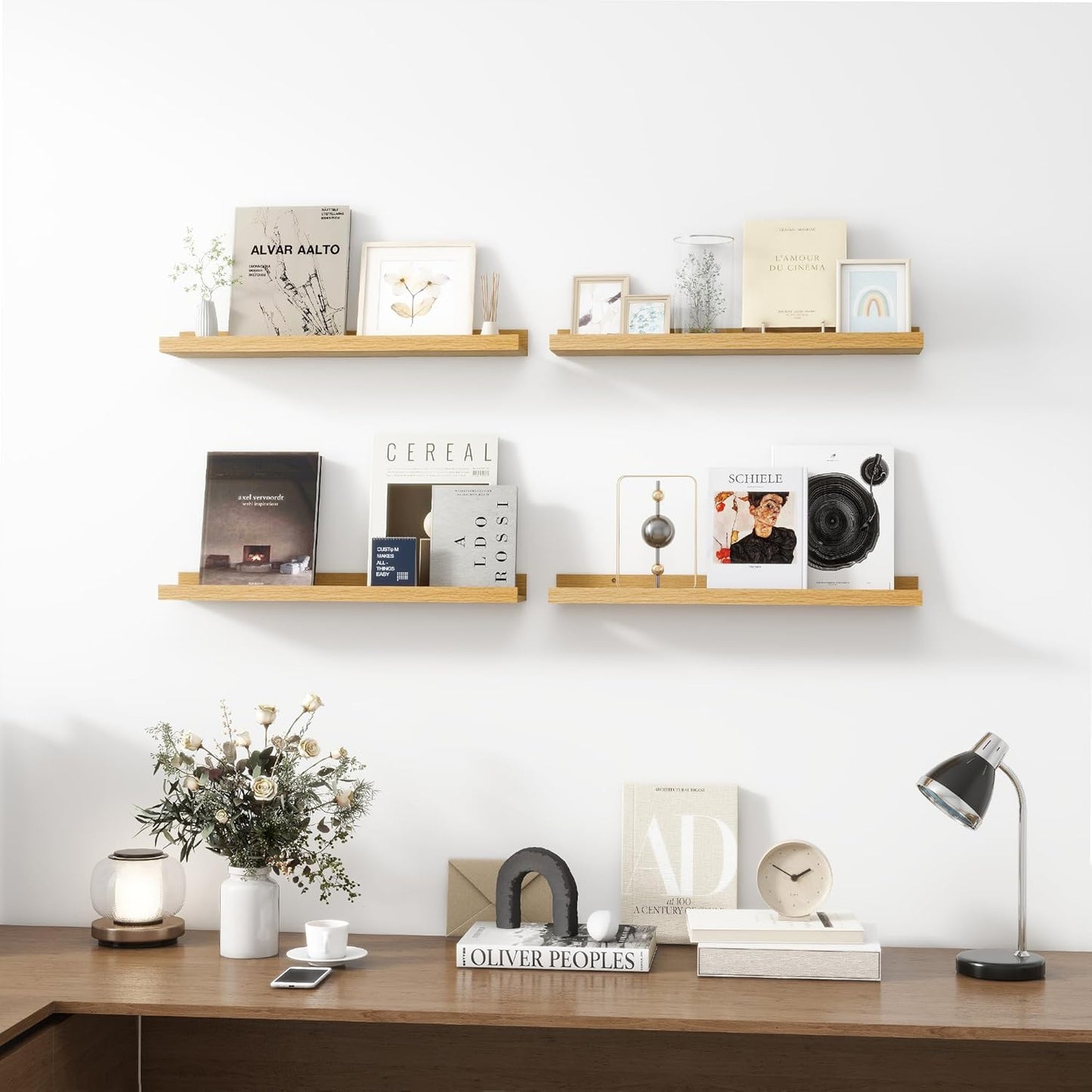 Picture Ledge Shelf, Wood Floating Shelves Set of 4, 24 inch Picture Ledge Shelves, Photo Ledge Nursery Book Shelves Wall Mounted for Living Room Kids' Room Bedroom, Color Oak