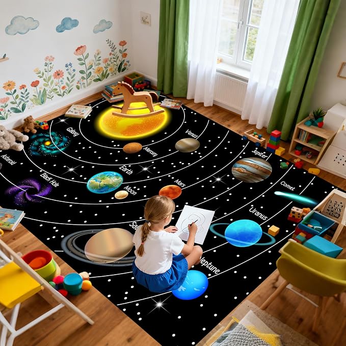 Outer Space Rug for Bedroom - 8x10 Feet Space Rug for Boys Room Cartoon Solar System Planet Theme Carpet Decor for Kids Playroom Classroom Decor