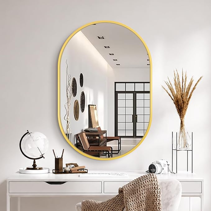 Oval Bathroom Vanity Mirror for Wall, 28''x20'' Gold Oval Bathroom Mirror for Over Sink, Bedroom, Living Room, Entryway, HD Tempered Glass, Wall Mounted Horizontally or Vertically