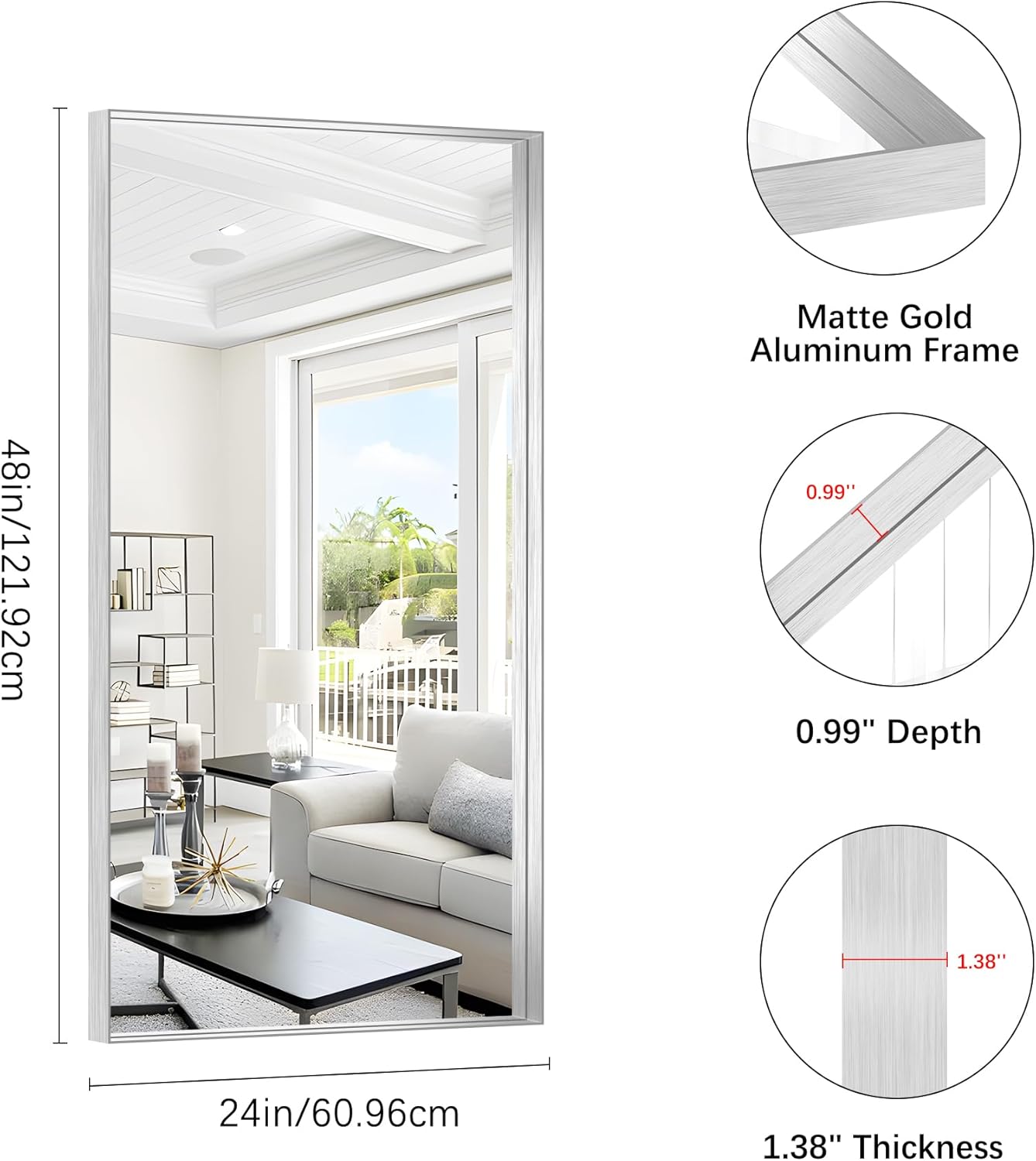 Silver Bathroom Mirror, 24x48 Inch Rectangular Framed Mirror, Large Wall Mounted Bathroom Vanity Mirror Over Sink for Bedroom,Restroom, Living Room, Hangs Vertically or Horizontally
