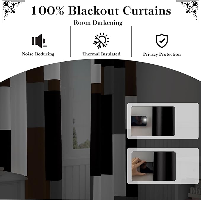 Tyrot Brown 100% Blackout Curtains for Bedroom 84 inch Long 2 Panels Set Black White Gray Modern Abstract Geometric Black Out Curtains Insulated Room Darkening Window Drapes for Living Room, 52Wx84L