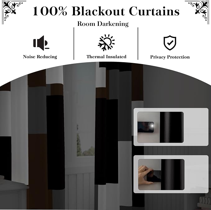 Tyrot Brown 100% Blackout Curtains for Bedroom 63 inch Long 2 Panels Set Black White Gray Modern Abstract Geometric Black Out Curtains Insulated Room Darkening Window Drapes for Living Room, 52Wx63L